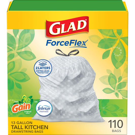 Glad ForceFlex Tall Kitchen Trash Bags, 13 Gal, Gain Original with Febreze, 110 Ct (Pack May Vary)