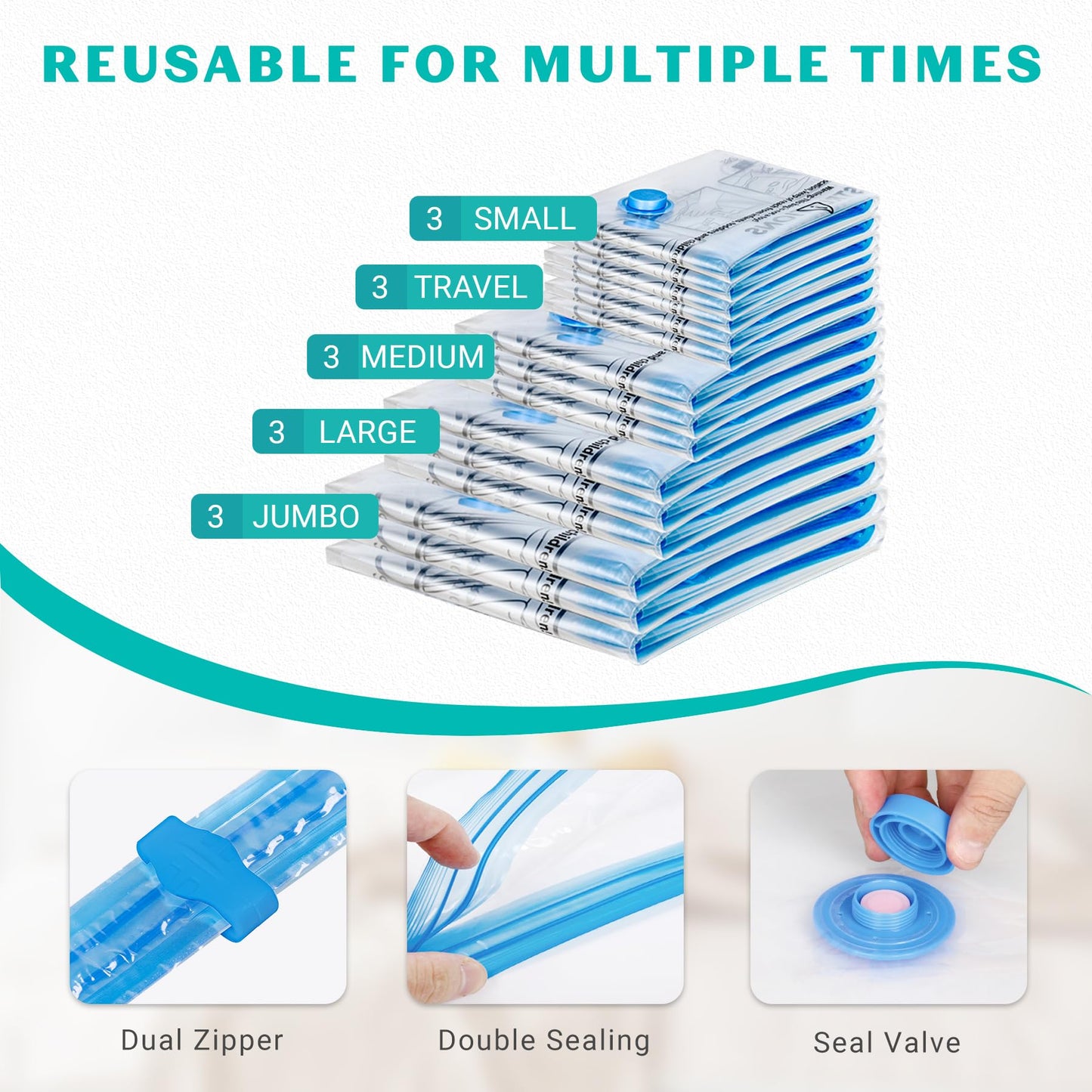 15 Pack Vacuum Storage Bags for Clothing Compression
