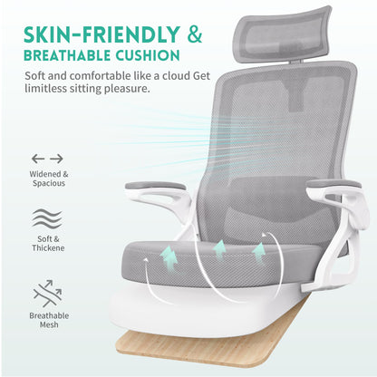 Ergonomic Office Chair, Adjustable Lumbar Support & Rotatable Headrest, 90° Flip-Up Armrests – Breathable Mesh Desk Chair with Thickened Cushion, 360 Swivel – Easy Assemble for Home/Gaming/Office