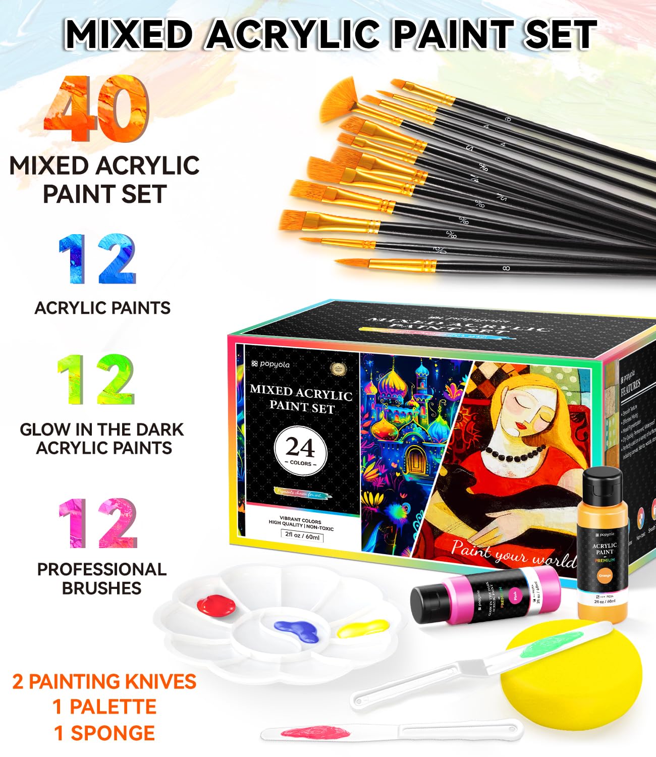 40 PCS Glow in The Dark Acrylic Paint Set