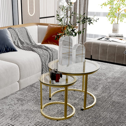 aboxoo Gold Nesting Coffee Table Set of 2, Small Glass Nesting Tables for Living Room Bedroom, Accent Tea Table with Metal Frame Modern Industrial Simple