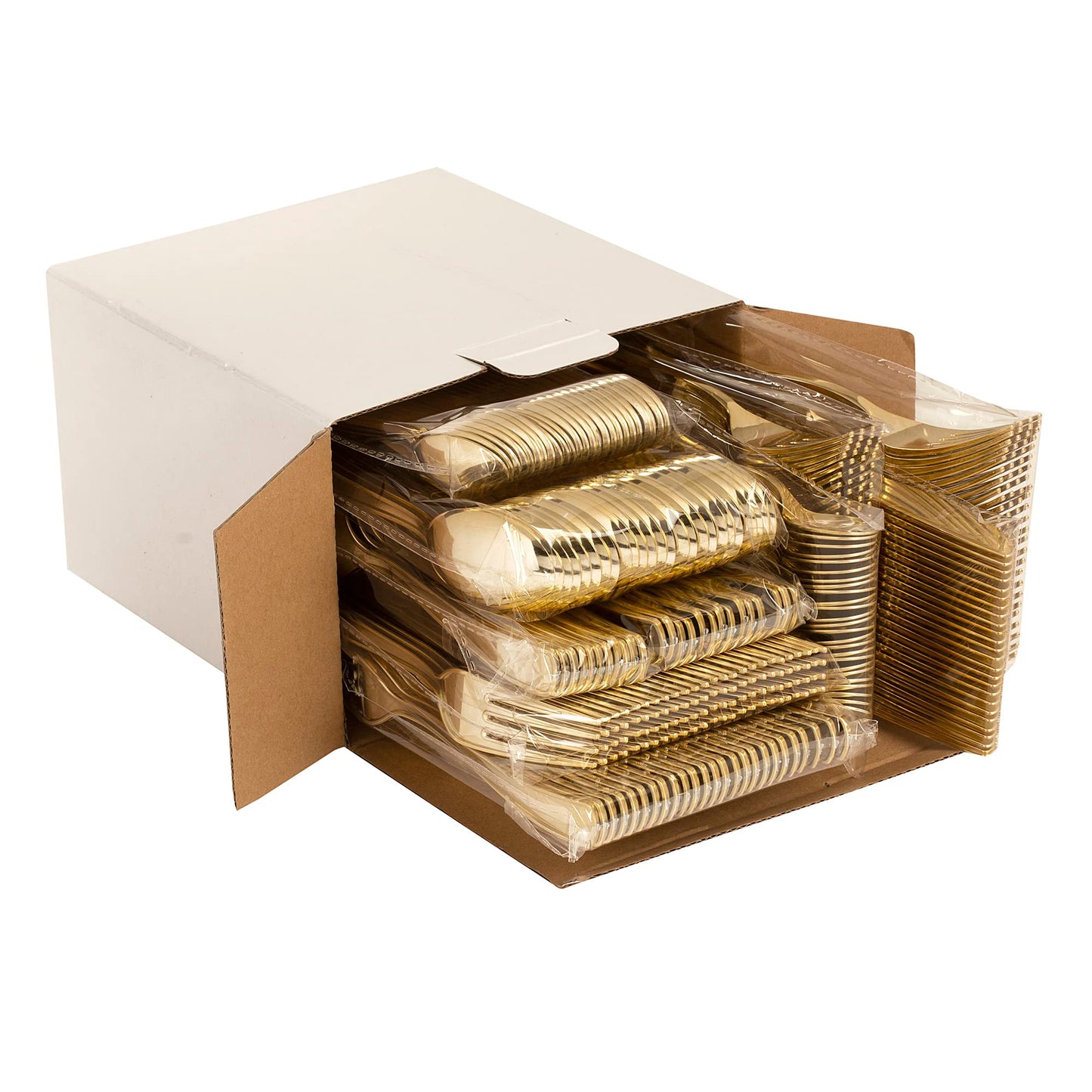 250 piece gold plastic silverware set includes: 100 gold forks 50 gold knives 50 gold spoons and 50 gold mini spoons By: Select Settings
