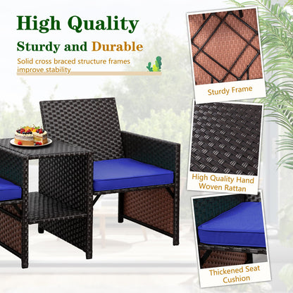 Shintenchi Wicker Patio Conversation Furniture Set with Detachable Chairs & Table and Two Removable Cushions,Rattan Wicker Lover Chair for Patio,Garden, Courtyard and Lawn Backyard (Deep Blue)