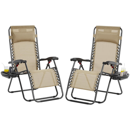 Yaheetech Zero Gravity Recliners Outdoor Adjustable Folding Reclining Lounge Chairs w/Pillows, Cup Holder Trays and Carry Strap for Patio Backyard Beach Beige Set of 2