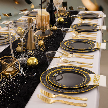 FLOWERCAT 175PCS Black Plastic Plates with Gold Rim & Black and Gold Plastic Plates & Gold Plastic Silverware & Black Disposable Plates for Wedding,Halloween Party, New Year