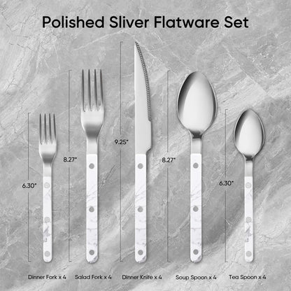 CAROTE 20-Piece Silverware Set, White Flatware set for 4, Stainless Steel Kitchen Utensil Set, Tableware Cutlery Set for Home