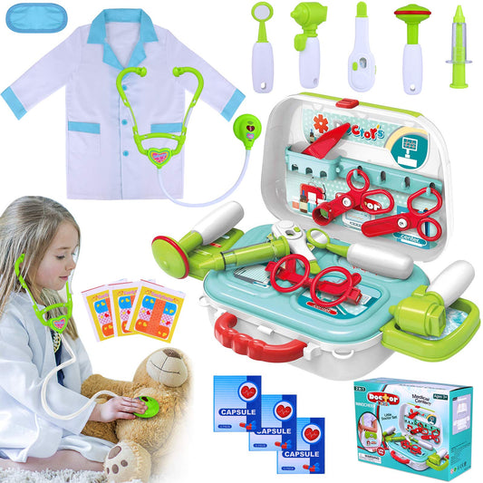 INNOCHEER Kids Doctor Kit 20 Pieces Pretend-n-Play Medical Toys Set with Roleplay Doctor Costume for Halloween for Boys Girls Kids Ages 3+