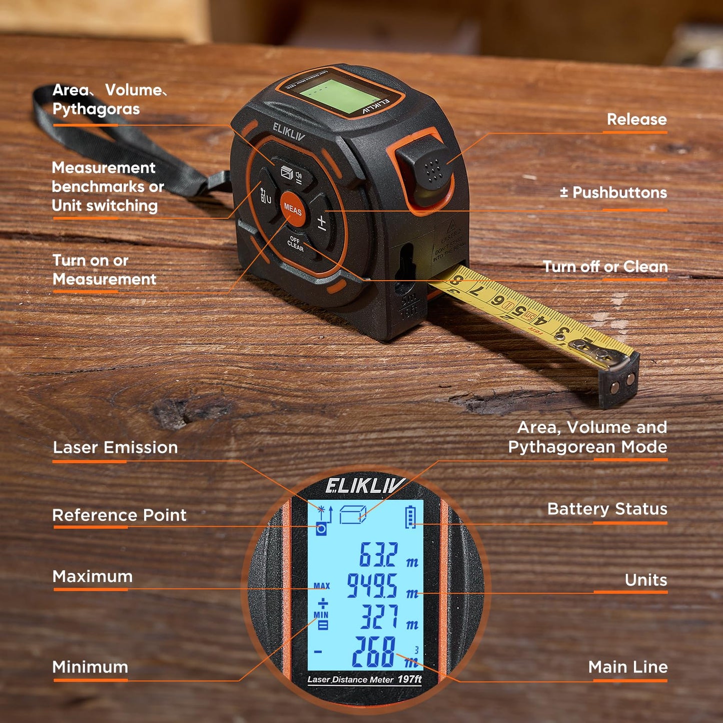 Laser Tape Measure 197Ft with Pythagorean Mode