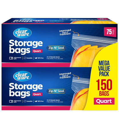 CLEARWARE Resealable Quart Storage Bags - 150 Count