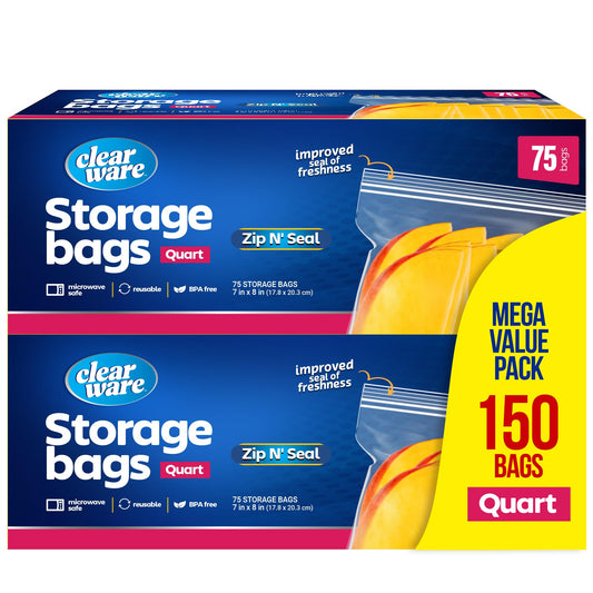 CLEARWARE Resealable Quart Storage Bags - 150 Count