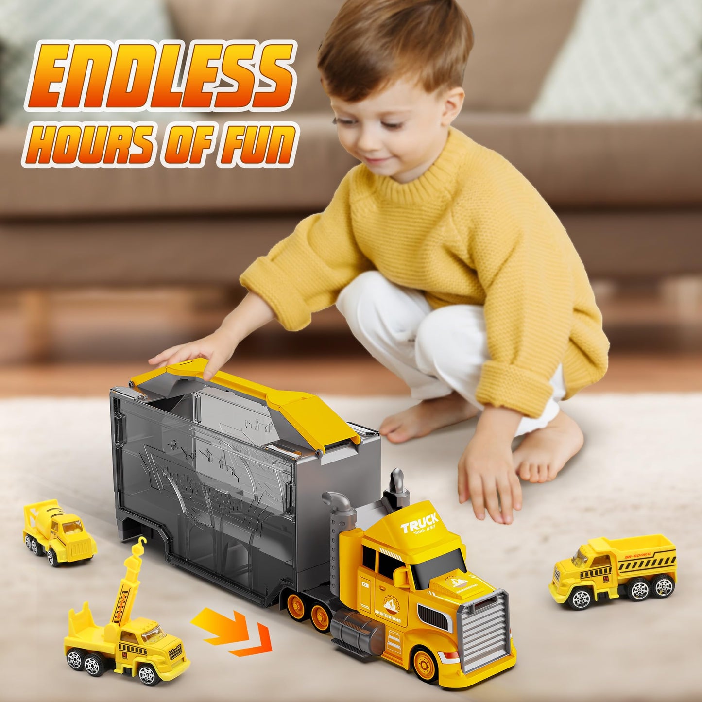 Carsky Truck Toy Cars for Toddlers Race Track Playset, 7in1 Construction Truck Toys in Transport Car Carrier, Cars Toys Gift for Age 2 3 4 5 Years Old Boys Kids