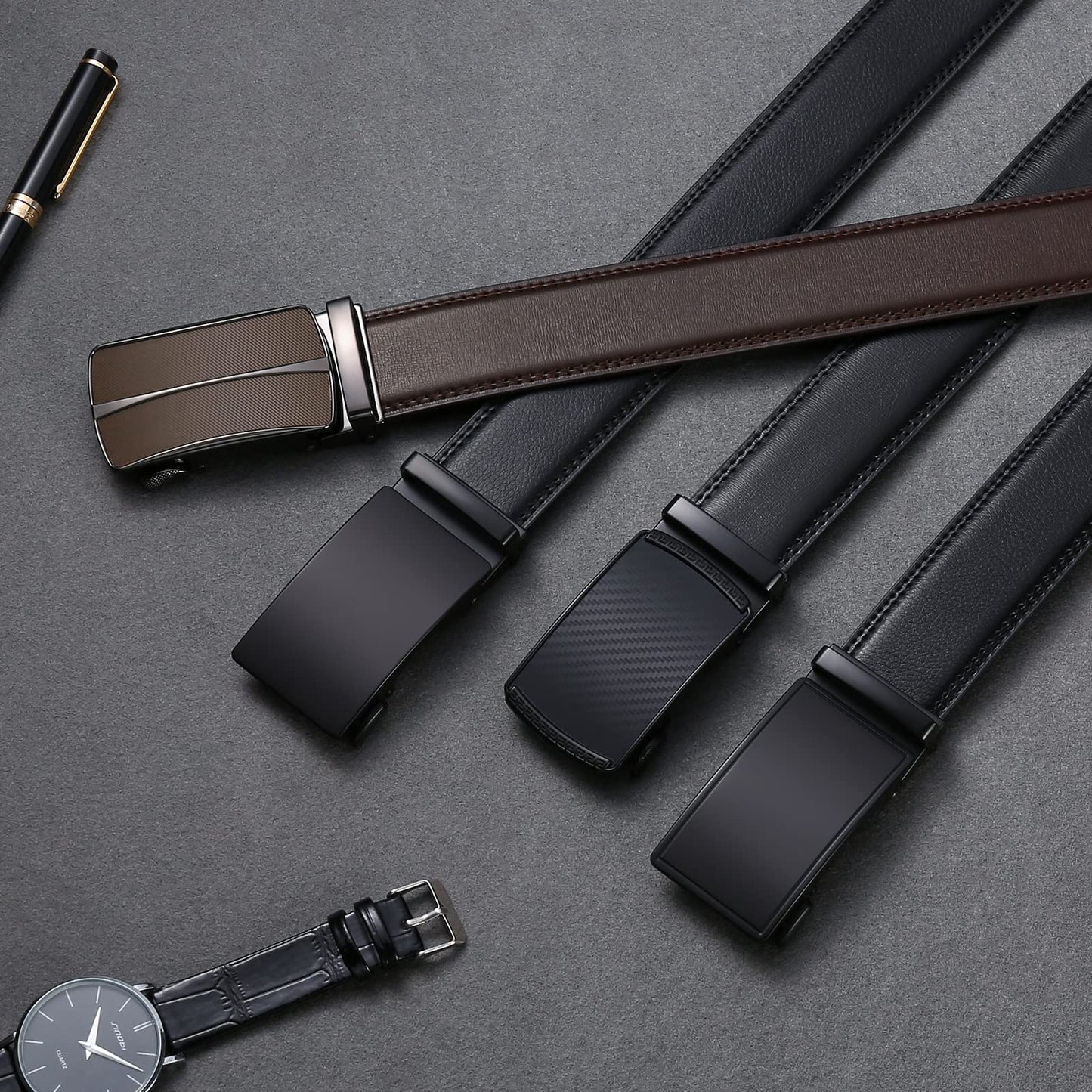 SENDEFN Men's Leather Automatic Ratchet Slide Belt