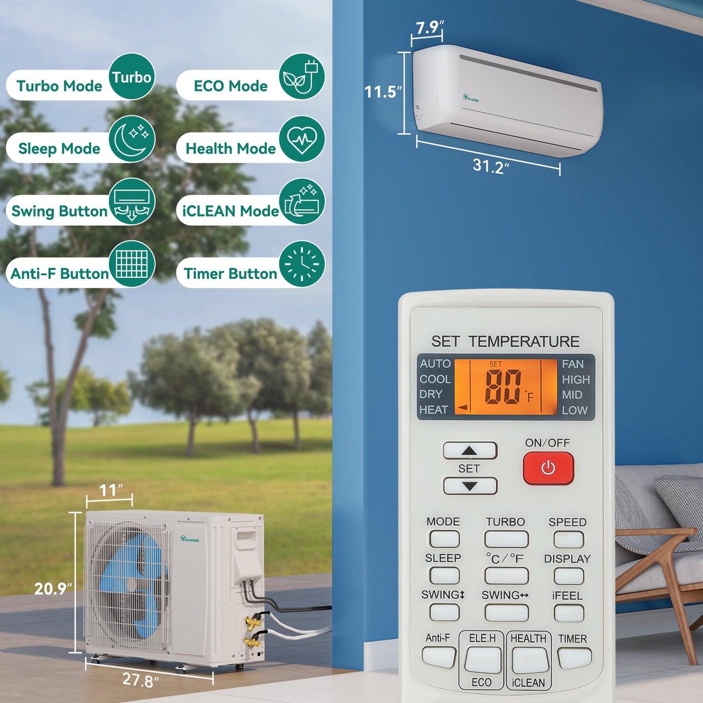 9000 BTU YITAHOME Mini Split AC Heat Pump