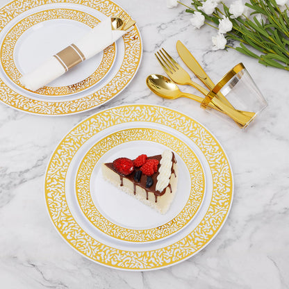 Goodluck 175 Piece Gold Plastic Dinnerware Set for 25 Guests, Disposable Lace Plates for Party, Include: 25 Gold Dinner Plates, 25 Dessert Plates, 25 Pre Rolled Napkins with Silverware, 25 Cups