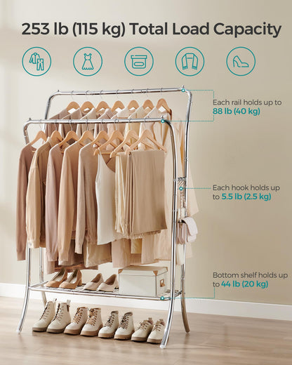 SONGMICS Clothes Rack, Clothing Rack with Shelfs, Garment Racks Heavy Duty, Double Rod Clothes Rack with 6 Hooks, Clothes Storage and Display, for Living Room, Bedroom, Silver UHSR109E01