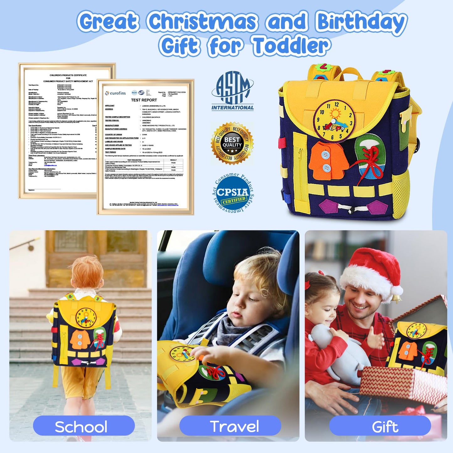 URMYWO Busy Board - Toddlers Backpack for 3-7 Year Old - Montessori Sensory Toys with Numbers Buckles - Develop Life Skills Learning Activity Fine Motor Skills Toddler Travel Toys Birthday Gifts