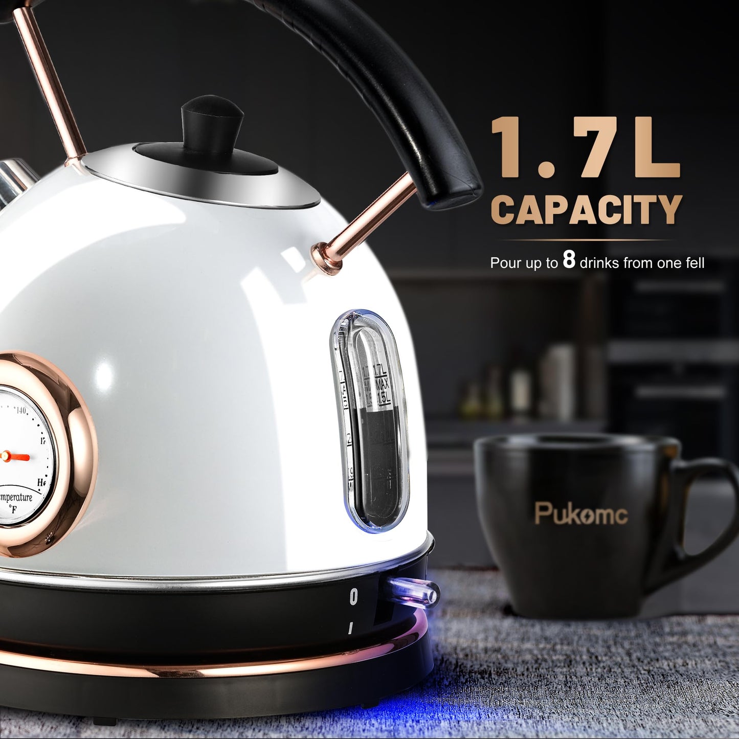 Pukomc Retro Electric Kettle Stainless Steel 1.7L Tea Kettle, Hot Water Boiler with Temperature Gauge, Led Light, Fast Boiling, Auto Shut-Off&Boil-Dry Protection (White)