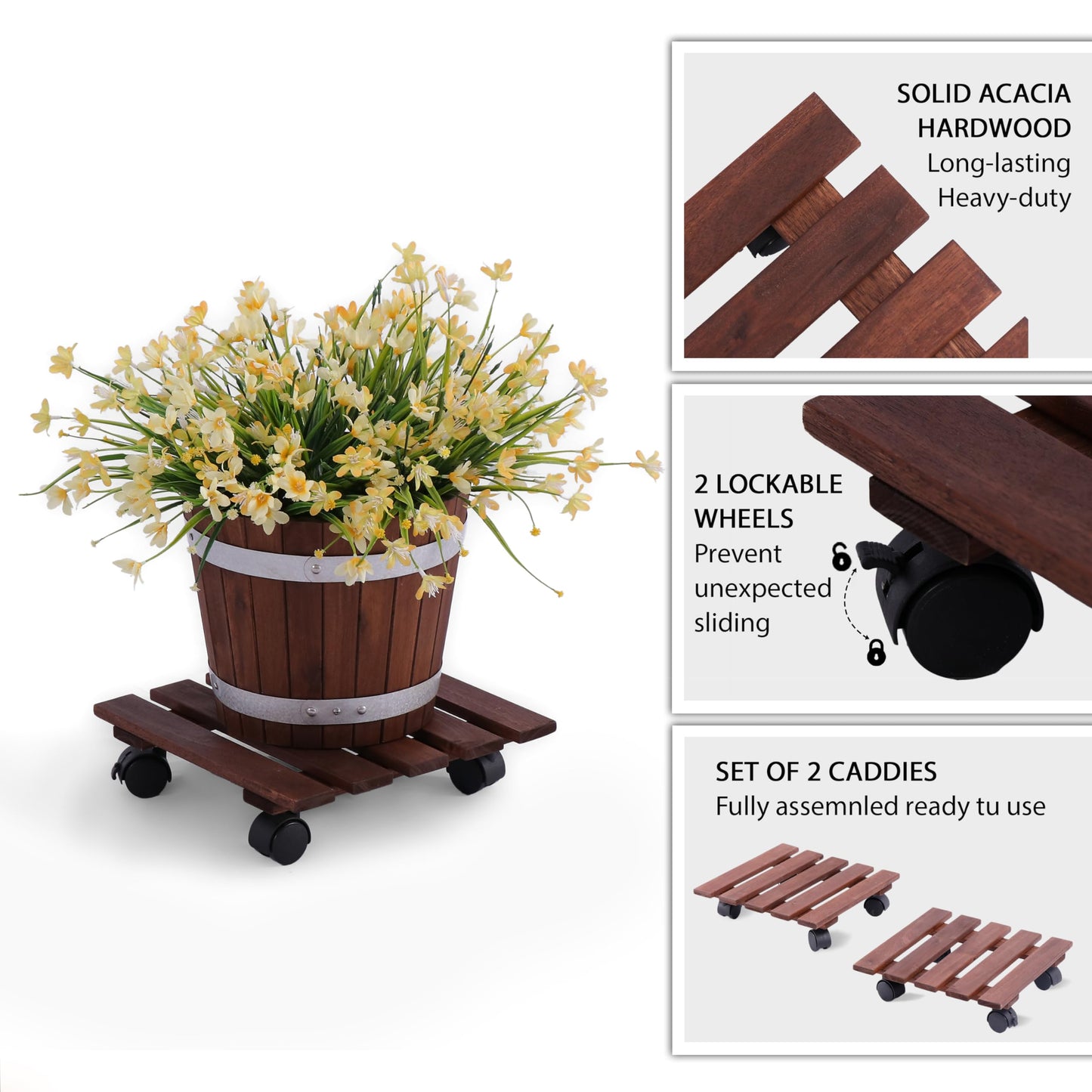 Acacia Wood Plant Caddy with 360 Wheels, Set of 2