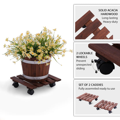 Acacia Wood Plant Caddy with 360 Wheels, Set of 2