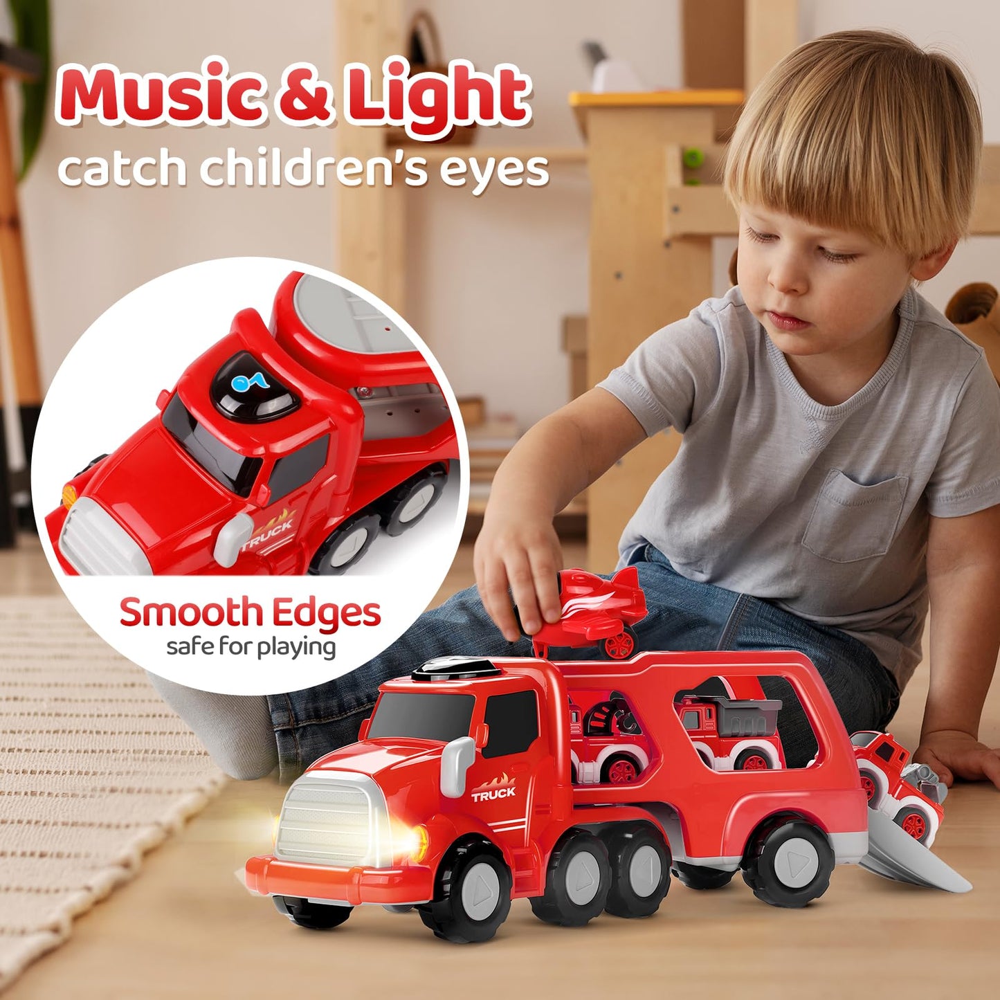 MindPal Fire Truck Toy Carrier with Pull-Back Cars