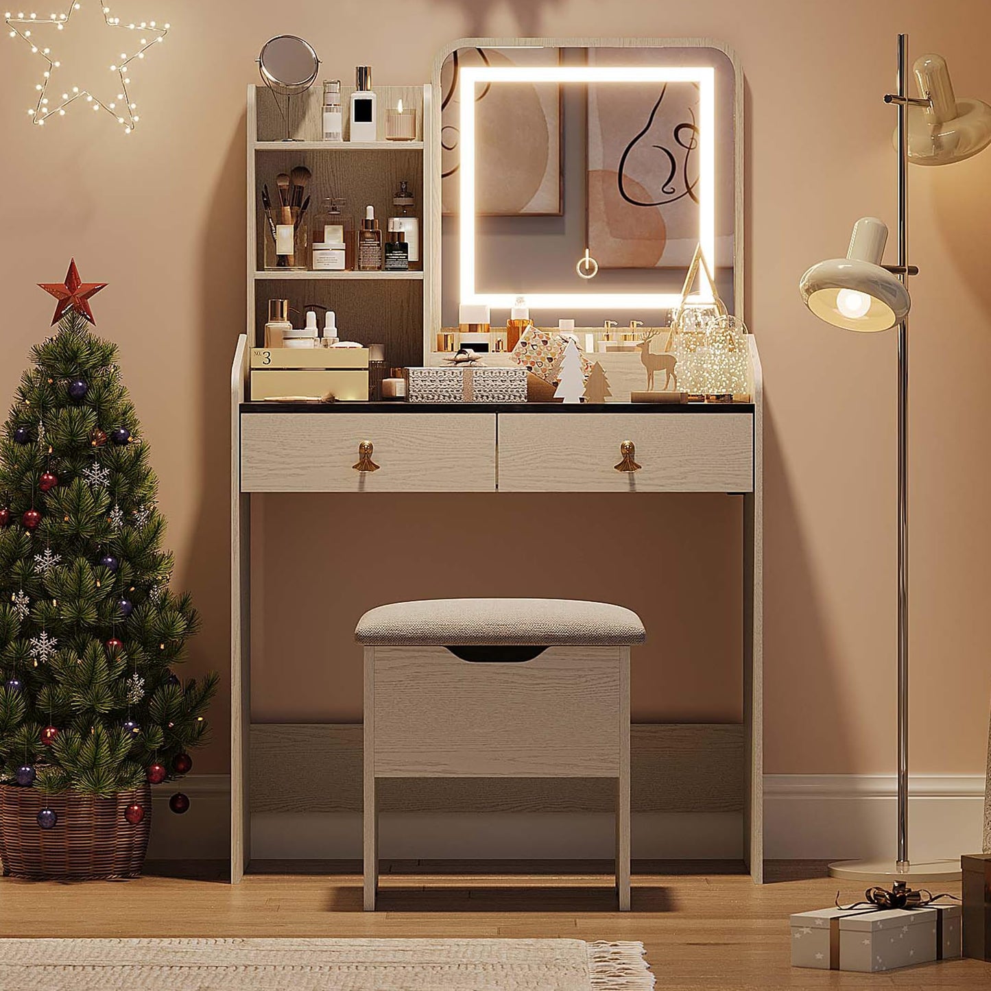 Vanity Desk with LED Mirror and Charging Station