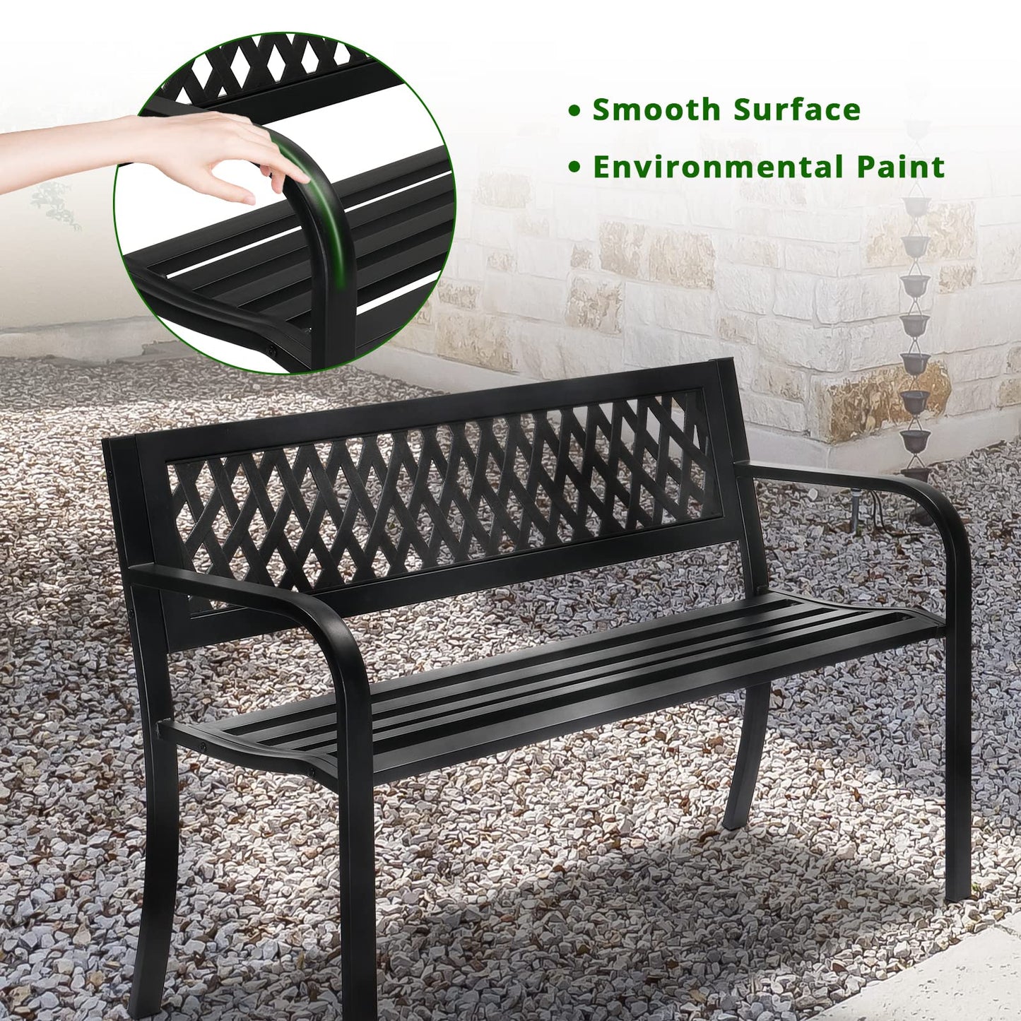 VINGLI Outdoor Bench Porch Bench Patio Metal Garden Bench w/PVC Back, Steel Black Outdoor Bench Park Bench for Yard Lawn Decor Deck Entryway
