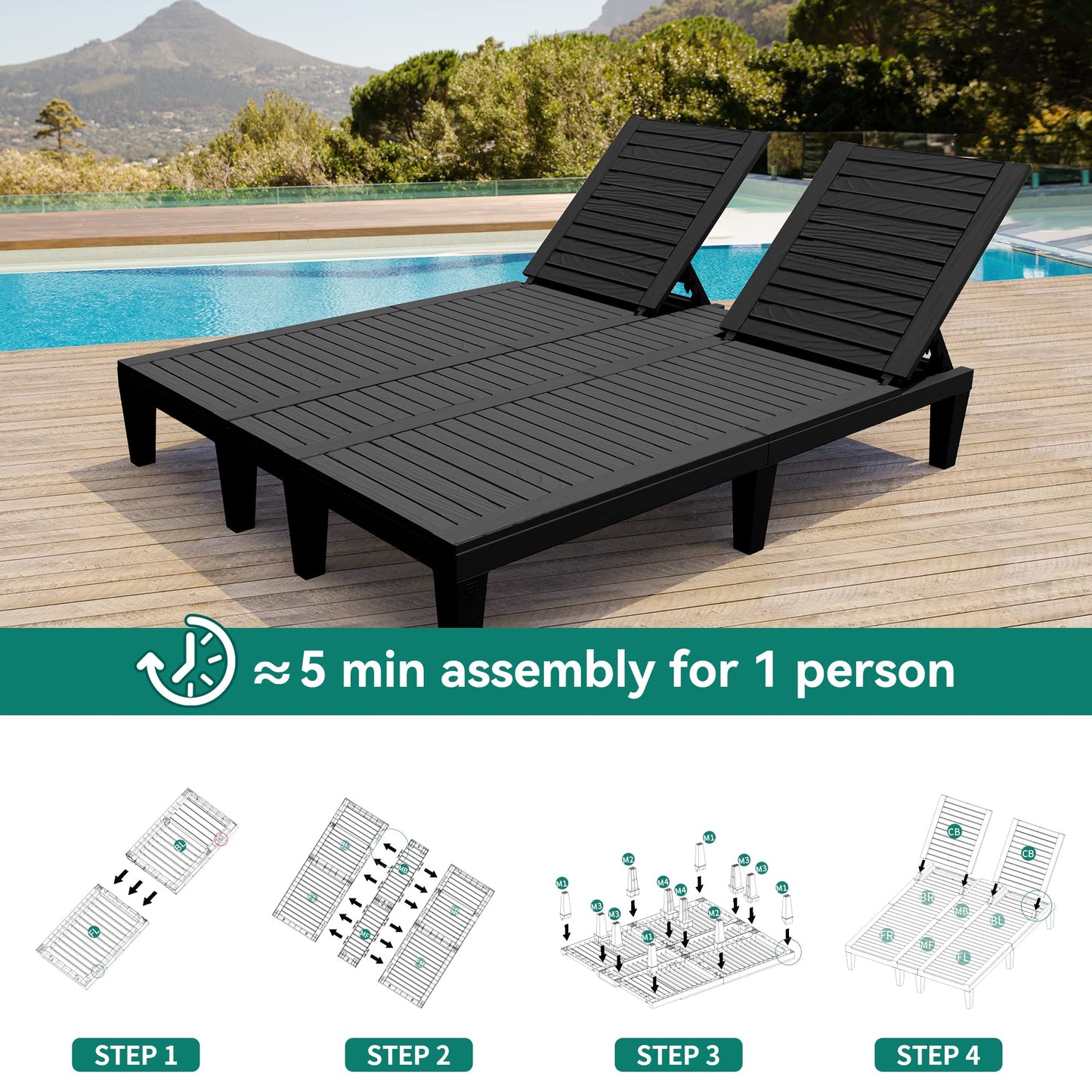 YITAHOME 2-in-1 Outdoor Chaise Lounge Chairs with Adjustable Backrest, Sturdy Loungers for Patio & Poolside, Easy Assembly & Waterproof with 530lbs Weight Capacity, Resin, Set of 2, Black