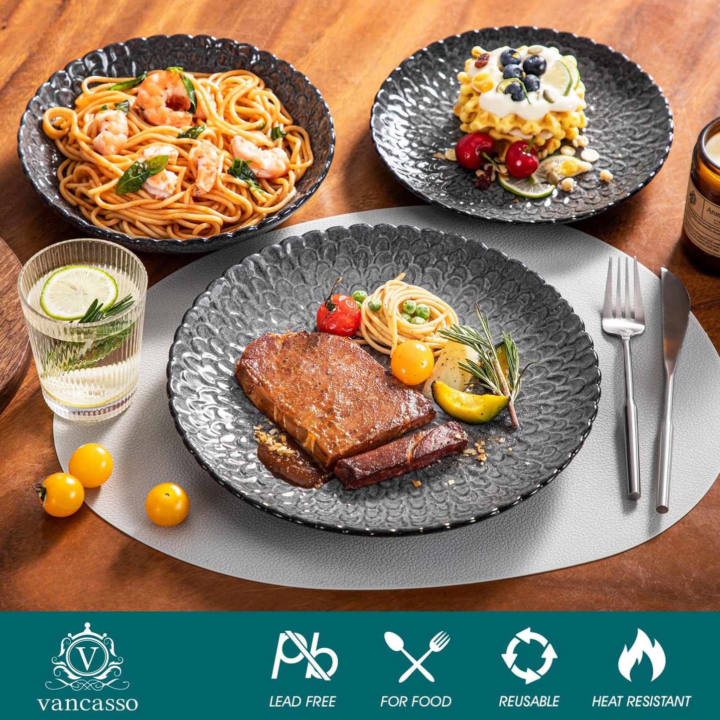vancasso Dinnerware Sets Gray Reactive Glaze Crockery Set, 12-Piece Stoneware Plates and Bowls Set with Dinner Plate, Dessert Plate and Pasta Bowl Chrysanthemum Embossed, Service for 4