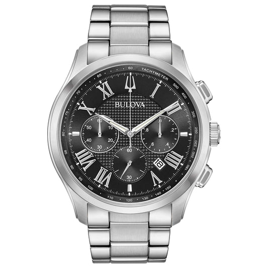 Bulova Men's Classic Wilton 3-Hand 21-Jewel Watch, 60 Hour Power Reserve, Luminous Hands, Open Aperture, Roman Numeral Markers Domed Sapphire Crystal, 43mm, Stainless Steel/Black Dial