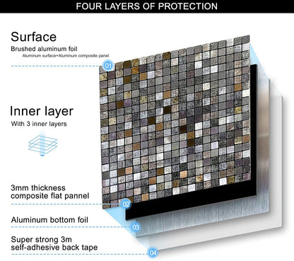 XUANINY Peel and Stick Backsplash Tiles for Kitchen,Bathroom,Fireplace,Self Adhesive Metal Aluminum Mosaic (12"x12") (10, Coffee + Gray Printing)