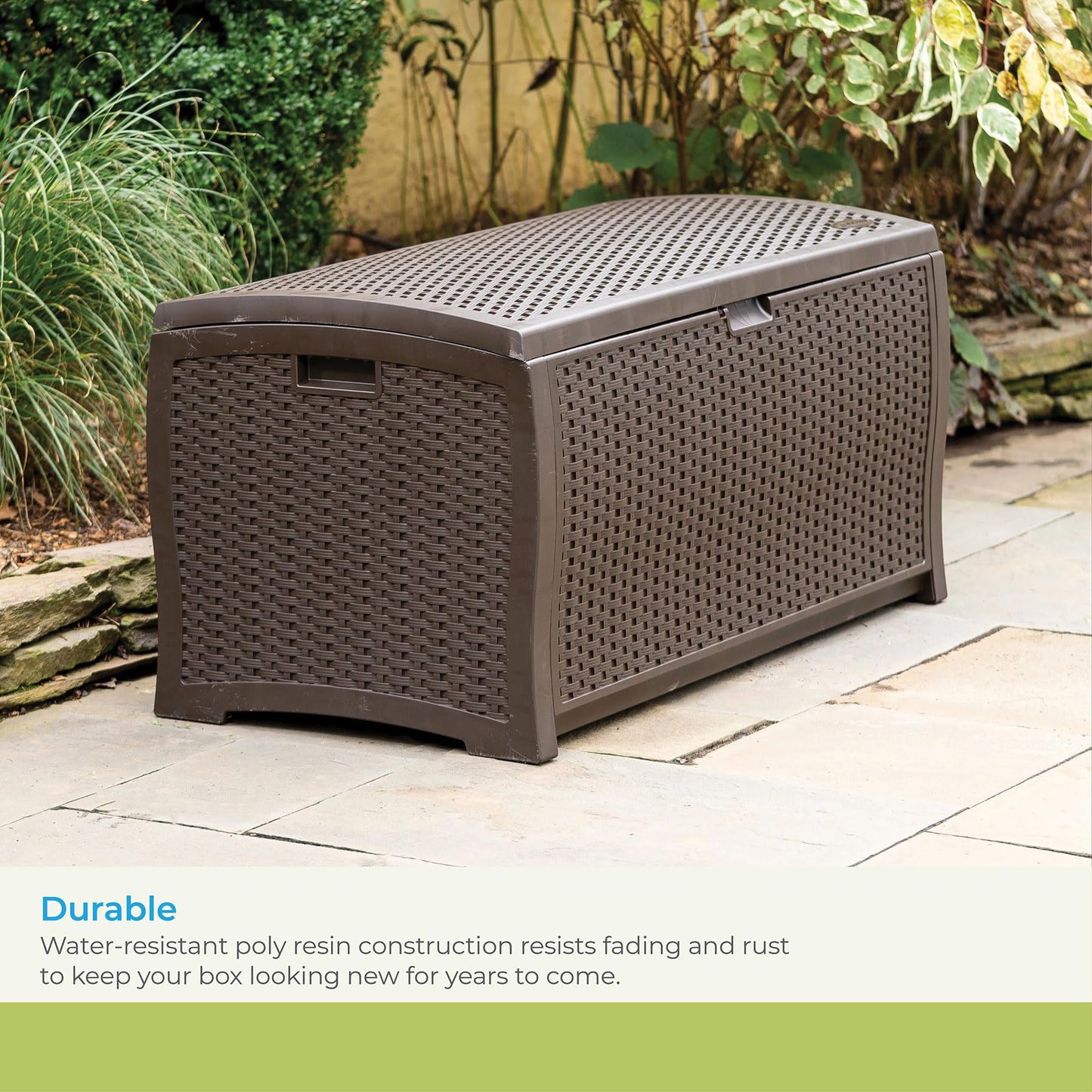 Suncast DBW9200 99 Gallon Outdoor Wicker Plastic Patio Storage Chest Bin with Handles for Patio, Garden, Garage, or Pool for All Weather, Mocha