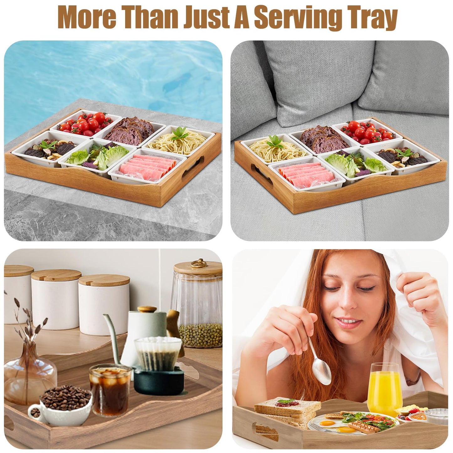 LYNG Acacia Wood Serving Tray with Silicone Dividers