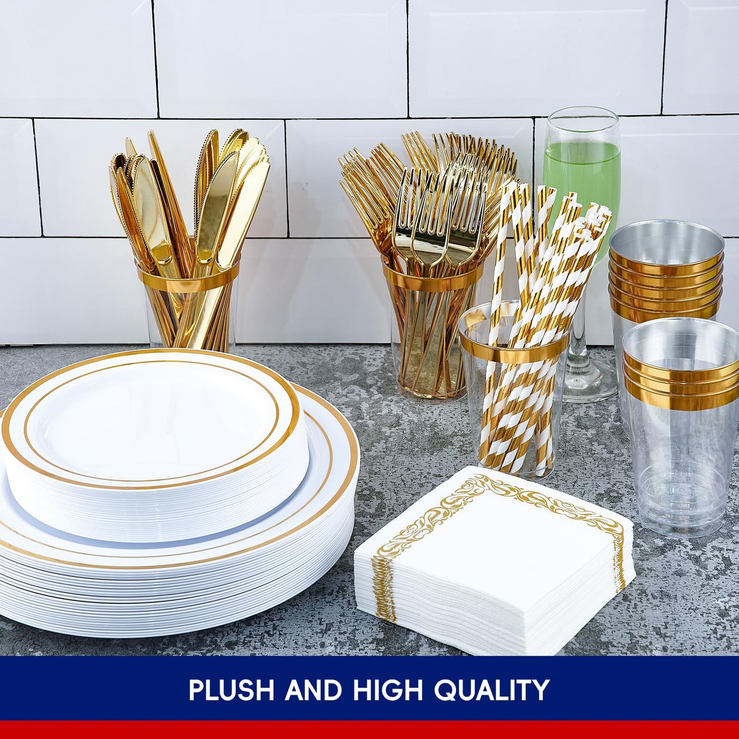 250 Count Gold Disposable Plastic Dinnerware Set, 50 Gold Plastic Plates, 25 Plastic Silverware, 25 Gold Cups and Straws, 50 Napkins, Perfect for Wedding Party