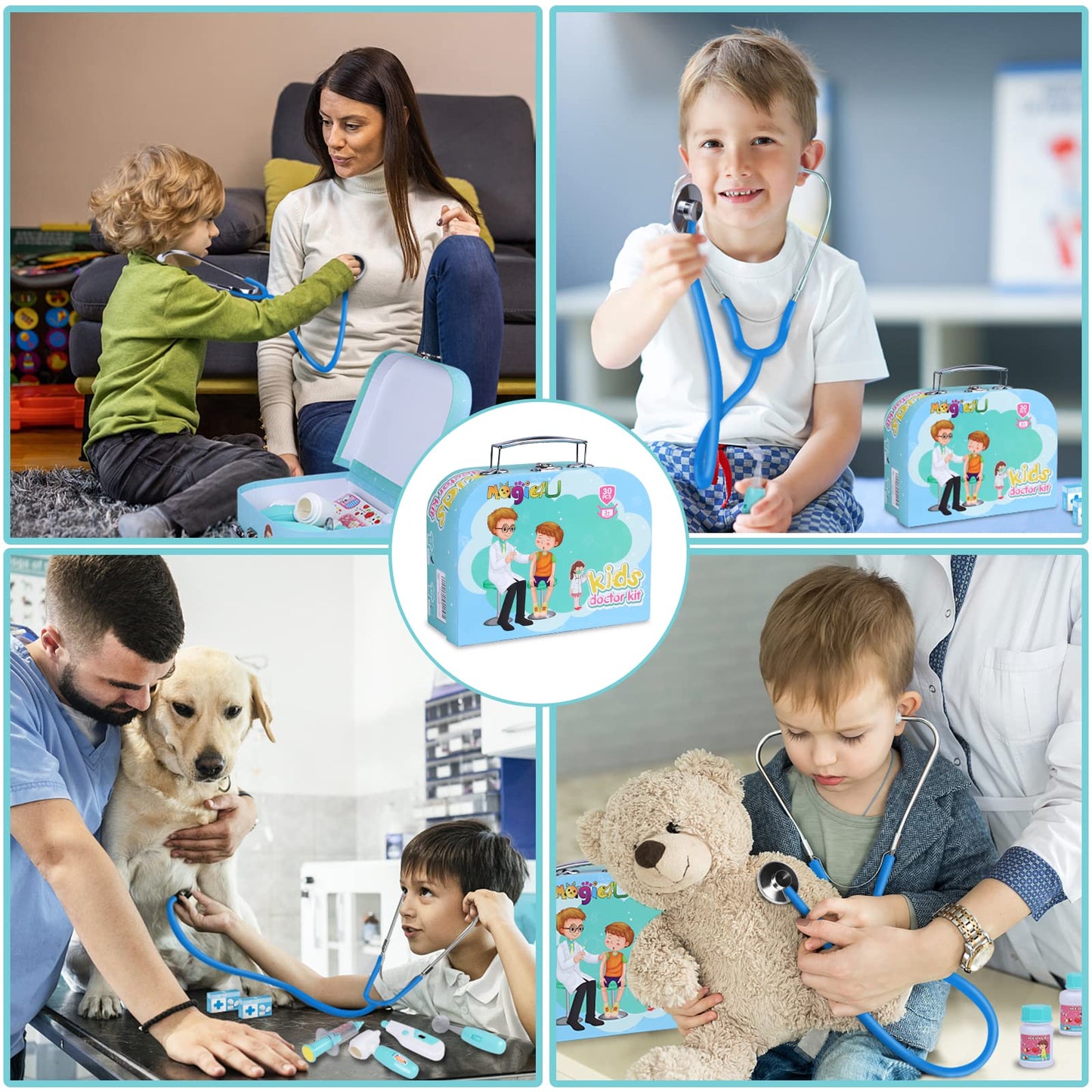 Magic4U Kids Doctor Costume Kit with Real Working Stethoscope and Carry Case, 34 Pieces Pretend-n-Play Realistic Medical Dr Toys for Toddler Boys Girls