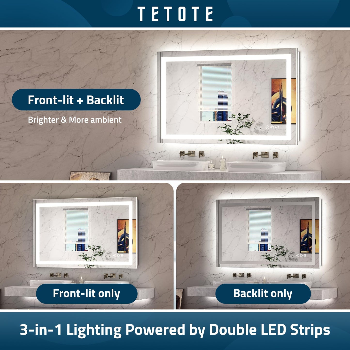 TETOTE LED Bathroom Mirror 48 x 36 Inch with Frontlit & Backlit Lighted Vanity Mirror Anti Fog Stepless Dimmable 3 Colors White/Warm/Natural,CRI90+ Double Lights,Wall-Mounted(Horizontal/Vertical)