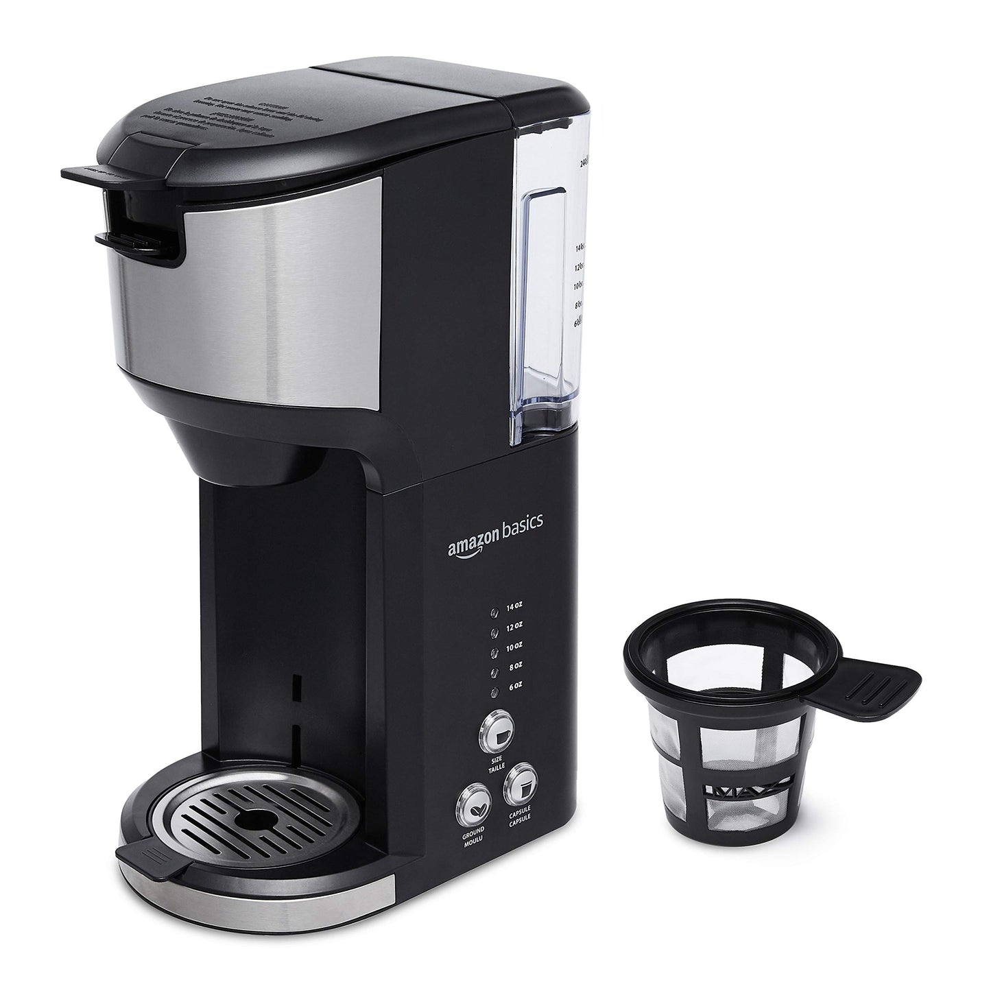 Amazon Basics Drip Coffee Maker with K-Cup, 14 Oz, Black and Stainless steel, 5.98"D x 9.44"W x 14.17"H