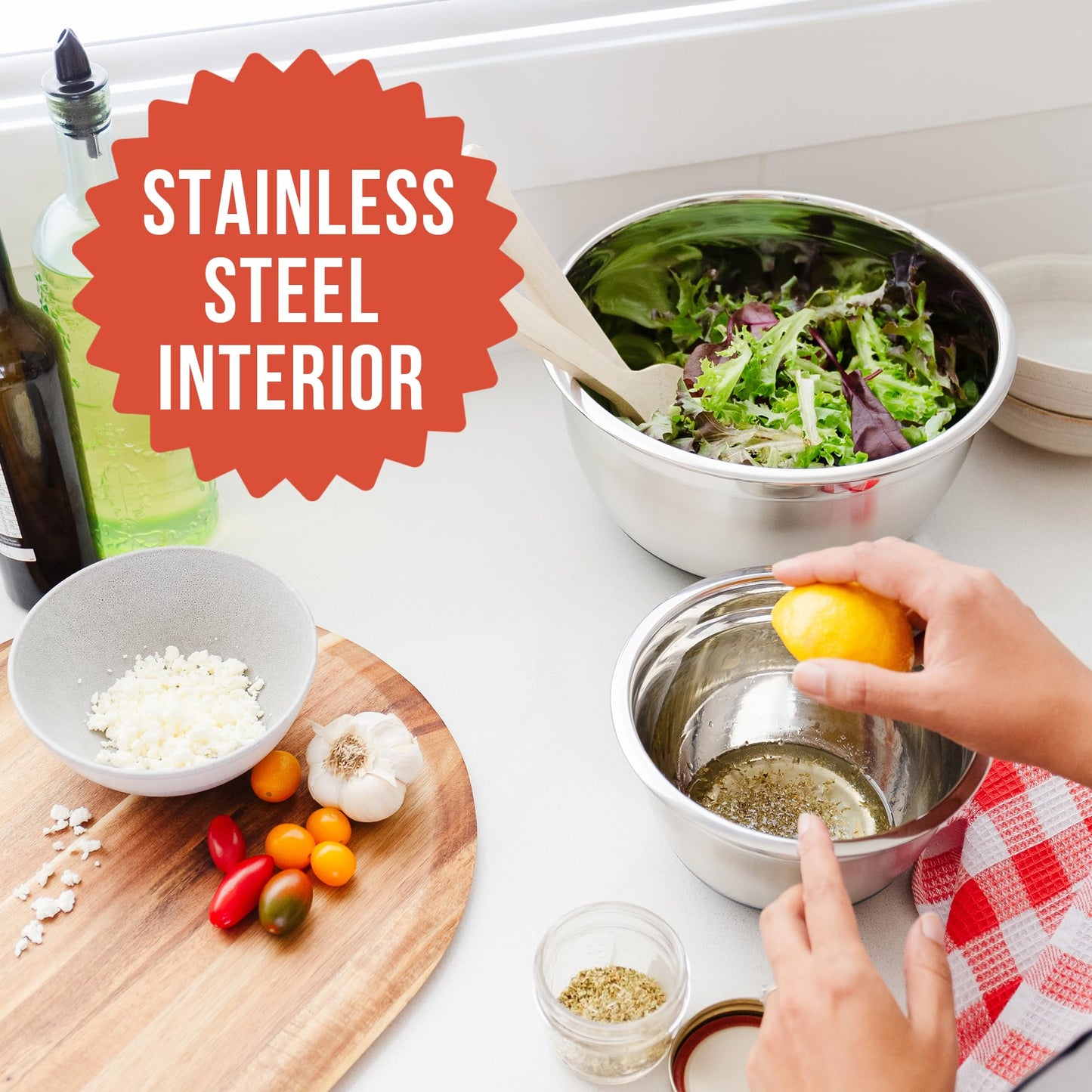 Chef Pomodoro Stainless Steel Mixing Bowl Set, Metal Mixing Bowls with Lids Set, Non-Slip Silicone Base, Nesting Bowls - 3 Piece (1.5 Qt, 3 Qt, 5 Qt), Mixing Bowls for Kitchen, Salad, Baking (Grey)