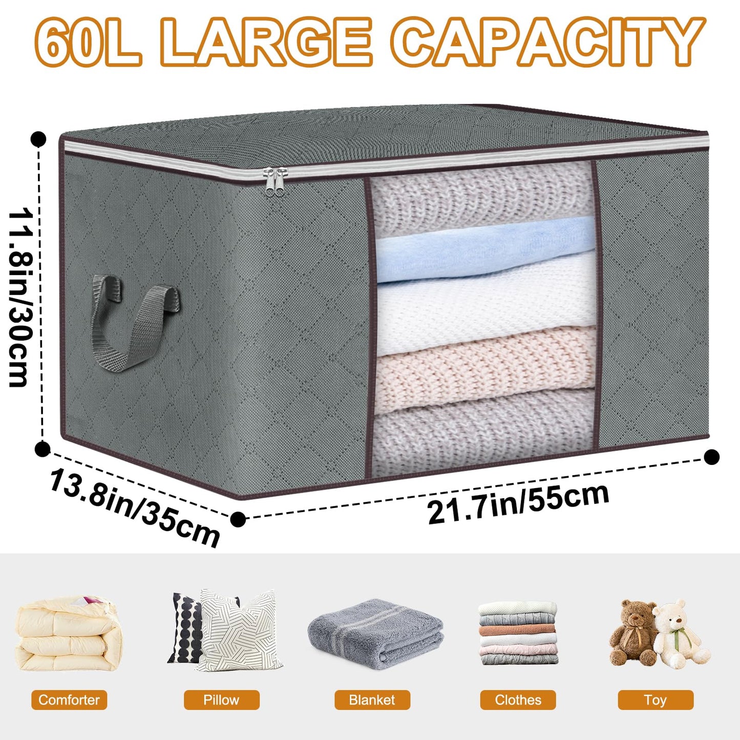 12 Pack Blanket Storage Bags with Zipper, Foldable Packing Bags for Moving Bags, Storage Bags for Clothes with Handles, Closet Organizers and Storage for Clothing, Sheet, Comforter, Bedding,60L, Grey