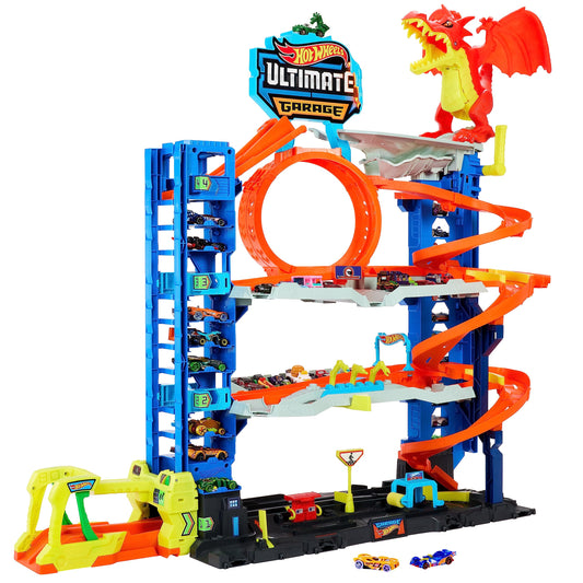 Hot Wheels City Toy Car Track Set Ultimate Garage with 2 Die-Cast Toy Cars & Car-Eating Dragon, Stores 50+ Vehicles, 4 Levels