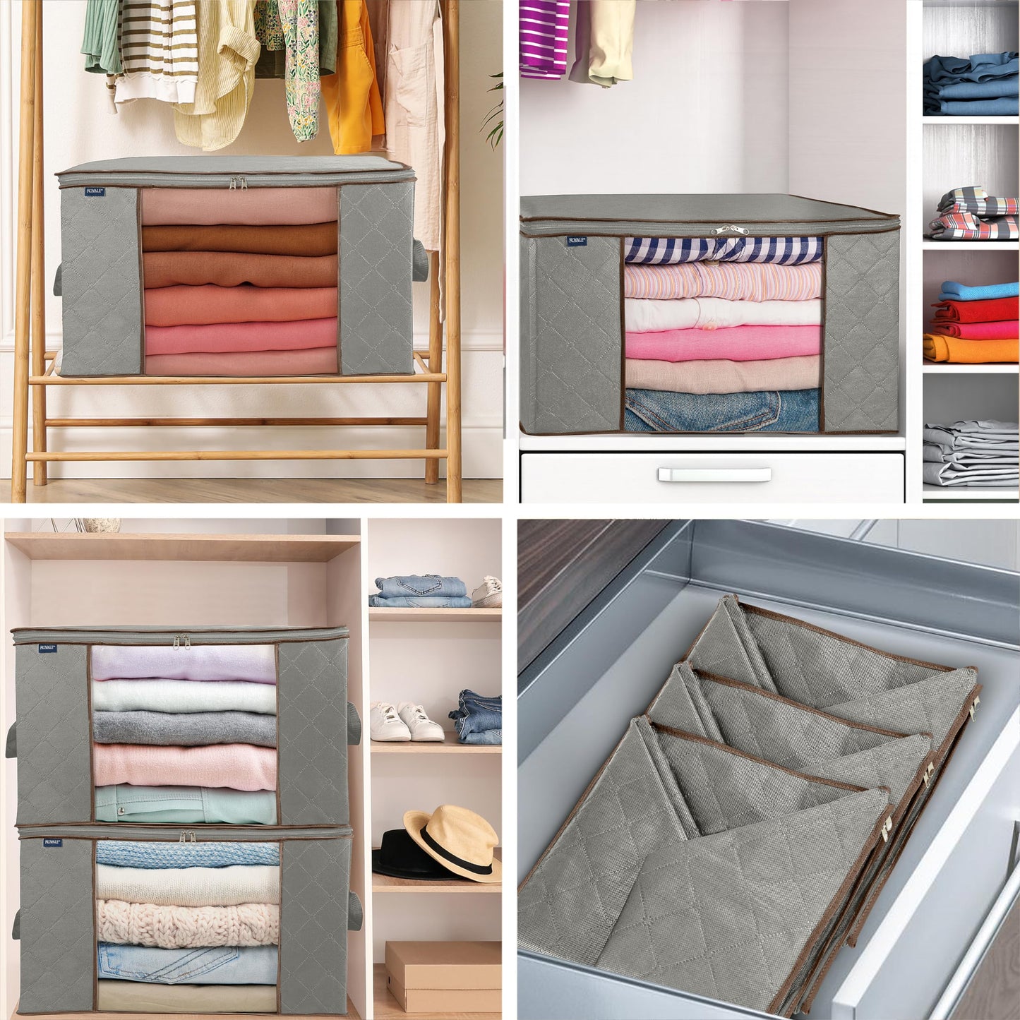 Royale Large Capacity 4 Pack Clothes Storage Bag Organizer with Strong Handle - 90L Fabric Bag- Zipper Closure - Storage Container for Organizing Bedroom, Closet, Clothing, Comforter with Clear Window