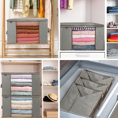 Royale Large Capacity 4 Pack Clothes Storage Bag Organizer with Strong Handle - 90L Fabric Bag- Zipper Closure - Storage Container for Organizing Bedroom, Closet, Clothing, Comforter with Clear Window