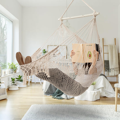 HBlife Hammock Chair Max 330 LBS Macrame Hanging Chair with Portable Metal Rod Handwoven Cotton Rope Hammock Swing for Bedroom Beige, Large