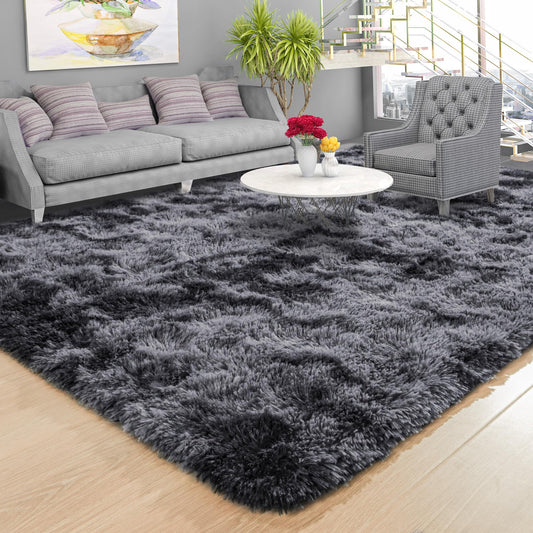 Foxmas Shag Rugs for Bedroom Living Room, 5x7Ft Soft Fluffy Tie-Dyed Rug for Kids Room with Non-Slip Backing, High Pile Nursery Carpets Fuzzy Boys Girls Dorm Home Decor Aesthetic, Dark Grey