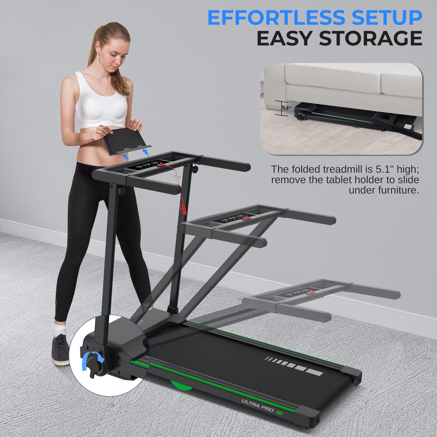 SereneLife Compact Folding Treadmill with 2.5HP Motor - Walking Pad with Integrated Smart App Functionality | Space-Efficient Design | Advanced LED Metrics Display - Compatible with Fitness Apps