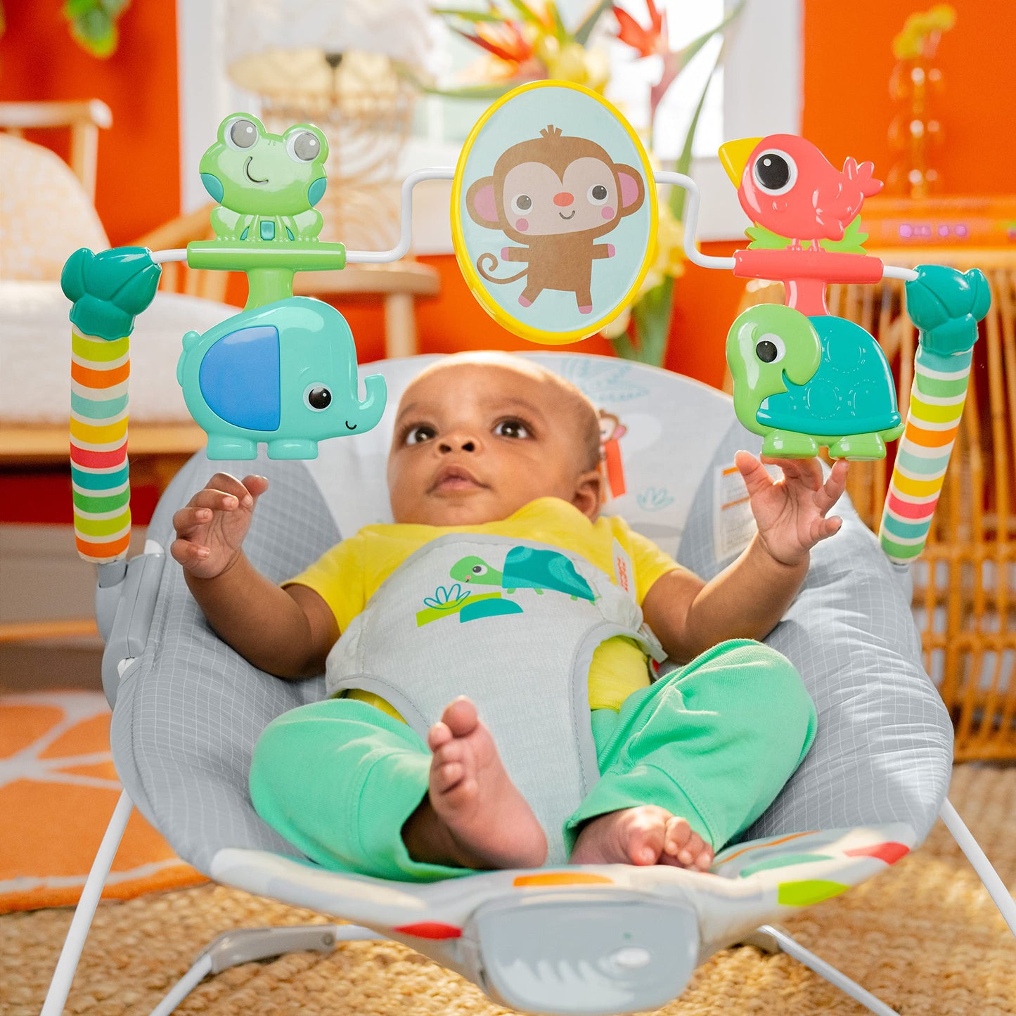 Bright Starts Playful Paradise Comfy Baby Bouncer Seat with Soothing Vibration and Toys, Unisex, 0-6 Months