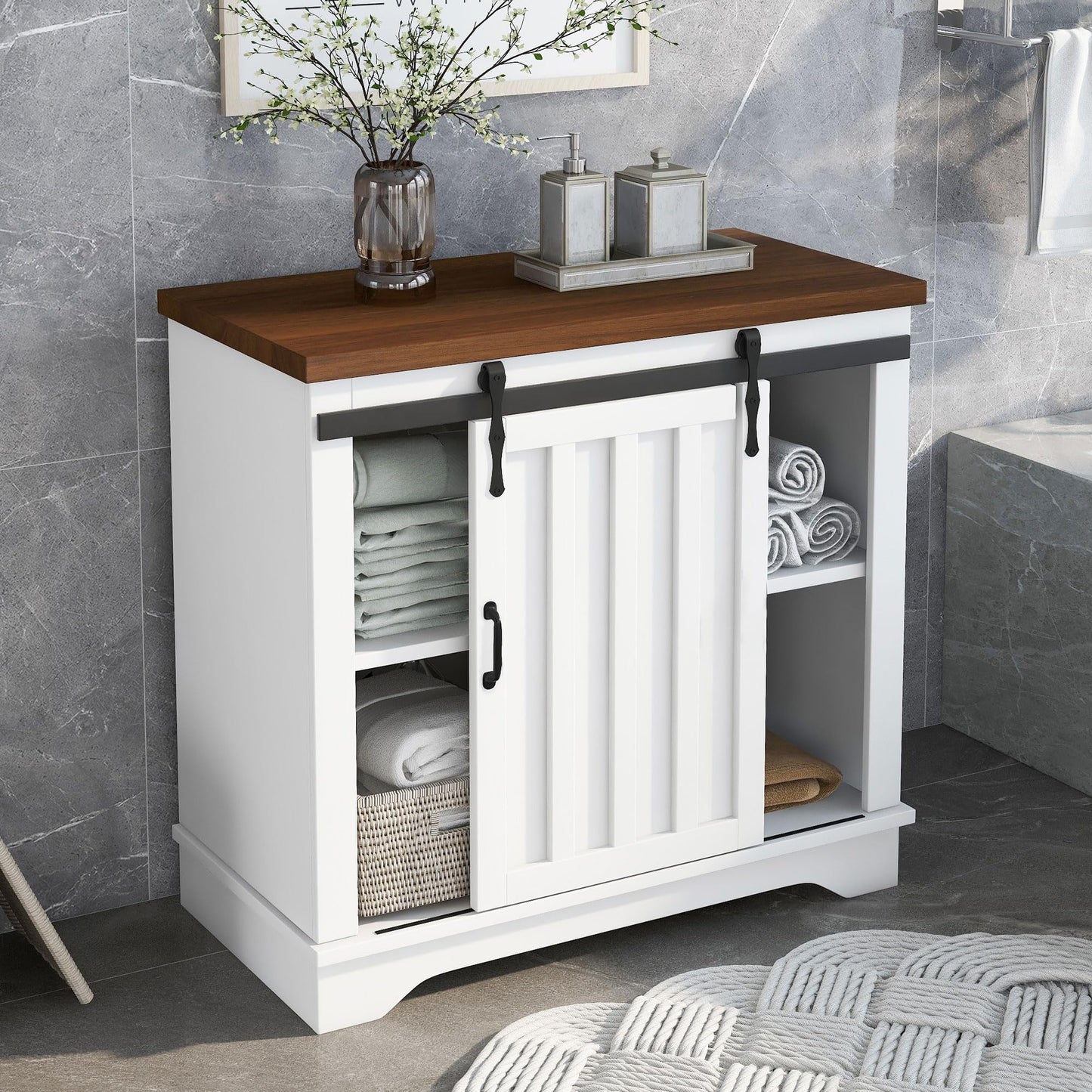 Merax, Brown Bathroom Cabinet with Sliding Barn Door, Farmhouse Accent Storage Cupboard with Adjustable Shelf, 1.18inch Thick MDF Board, White