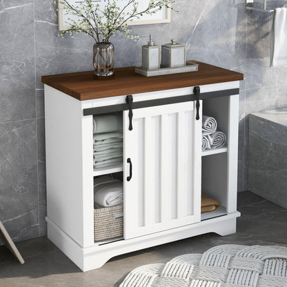 Merax, Brown Bathroom Cabinet with Sliding Barn Door, Farmhouse Accent Storage Cupboard with Adjustable Shelf, 1.18inch Thick MDF Board, White