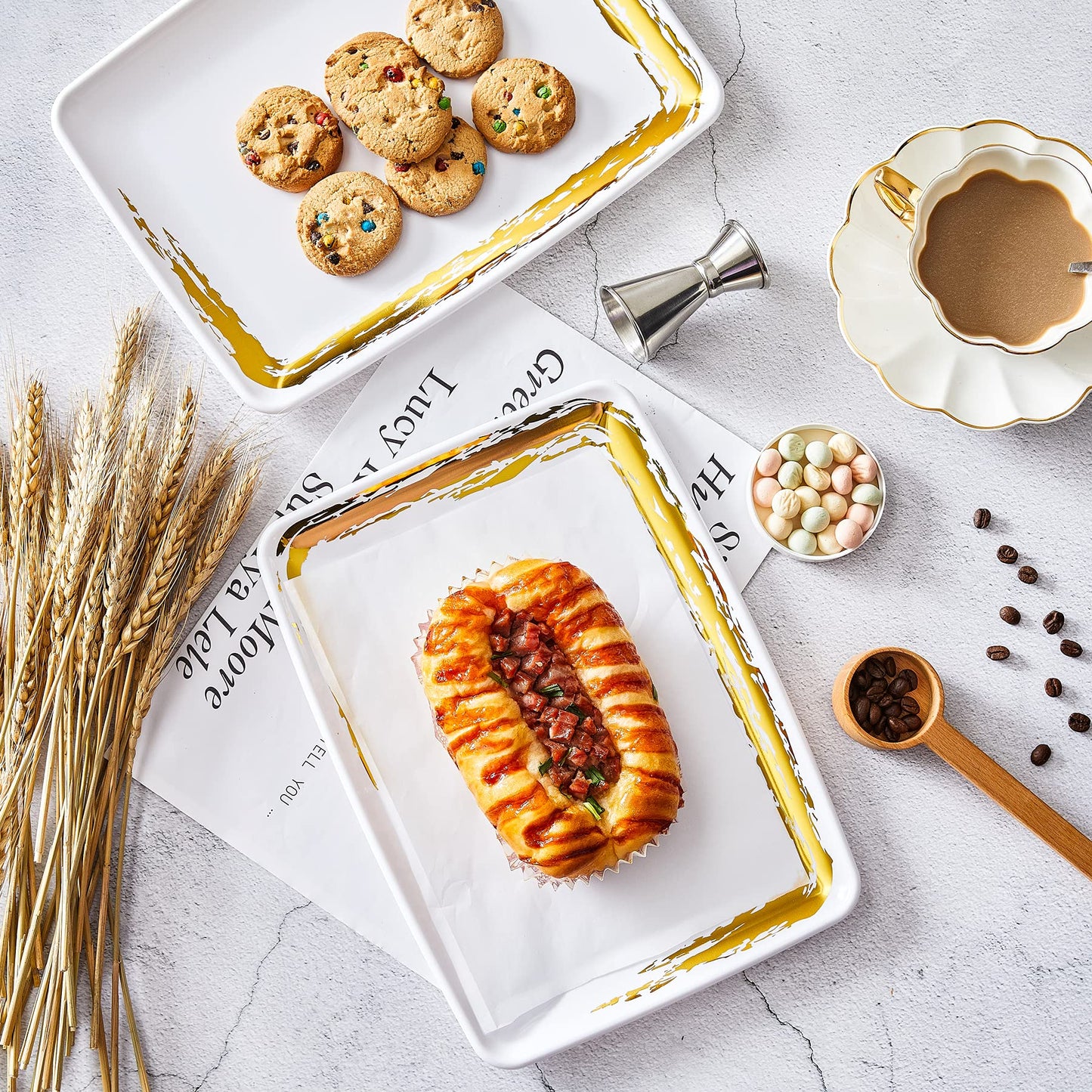 N9R 6 Pack White Plastic Serving Trays with Gold Rim- 11“ x 8“ Rectangle Serving Platters - Tray Decor, Food Tray, Serving Trays for Party