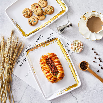 N9R 6 Pack White Plastic Serving Trays with Gold Rim- 11“ x 8“ Rectangle Serving Platters - Tray Decor, Food Tray, Serving Trays for Party