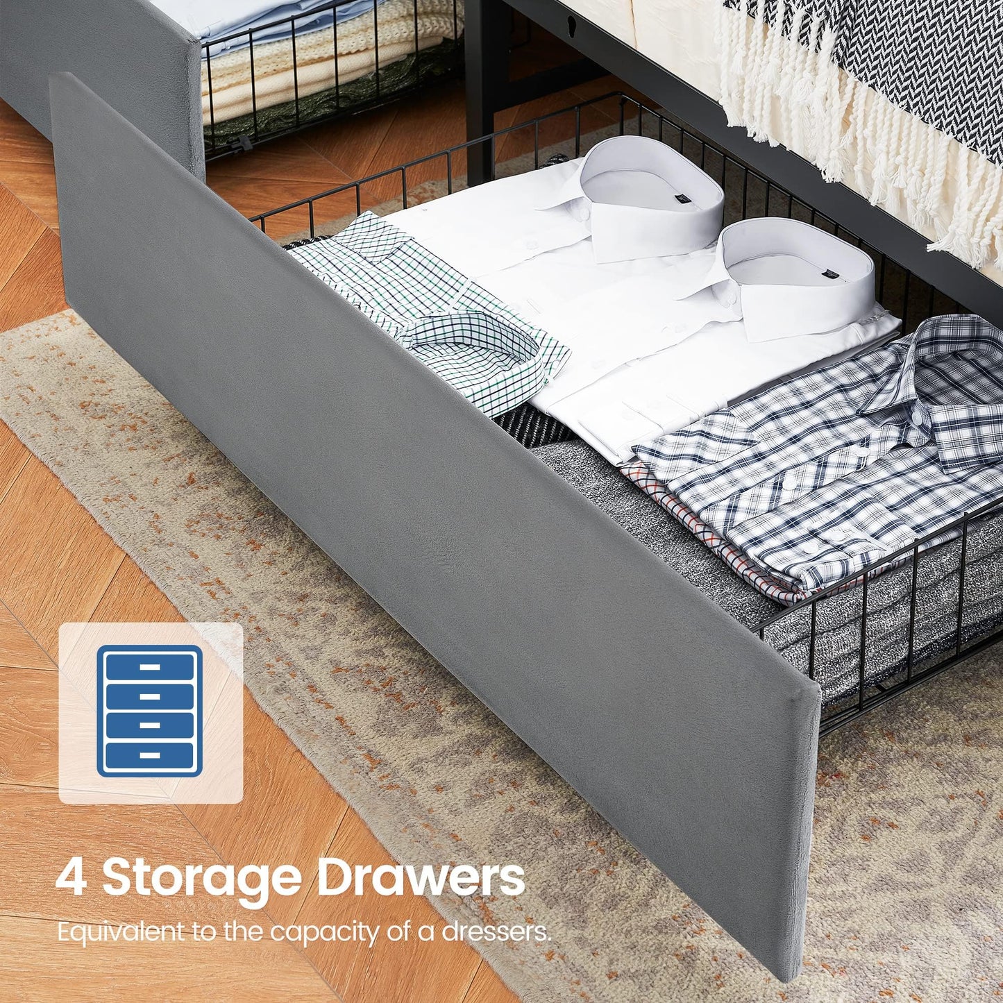 Full Size Velvet Bed Frame with Storage Drawers